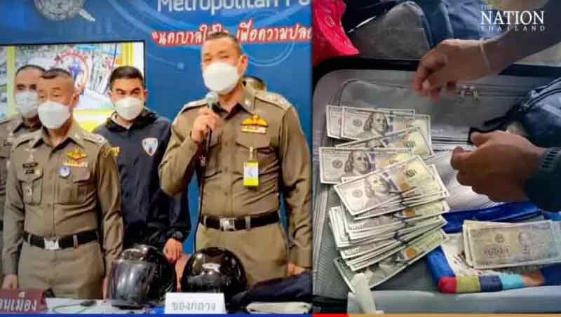 泰国警方召开记者会，指在嫌犯身上找到美金。（互联网）