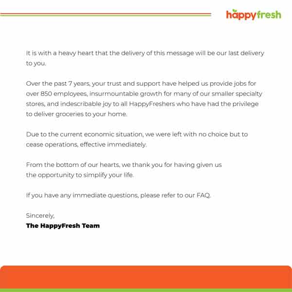 Happy Fresh在面子书发布公告。