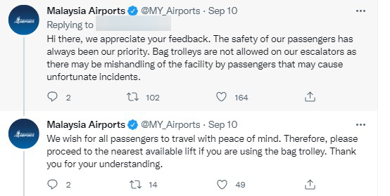 大马机场控股公司指出，基于安全考量，民众禁止将机场行李手推车放在在机场的手扶梯上使用。（图截自推特）