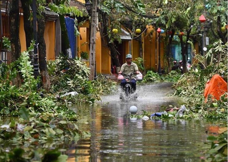 台风“奥鹿”给越南会安市带来大雨强风，造成树倒下和淹水。（法新社）