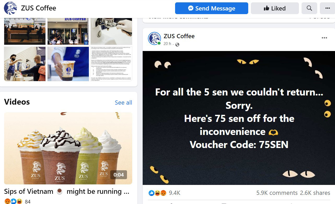 “多付5仙”贴文引起热议后，ZUS Coffee贴文道歉，并推出限量的75仙折扣卷让民众使用。（取自ZUS Coffee FB）