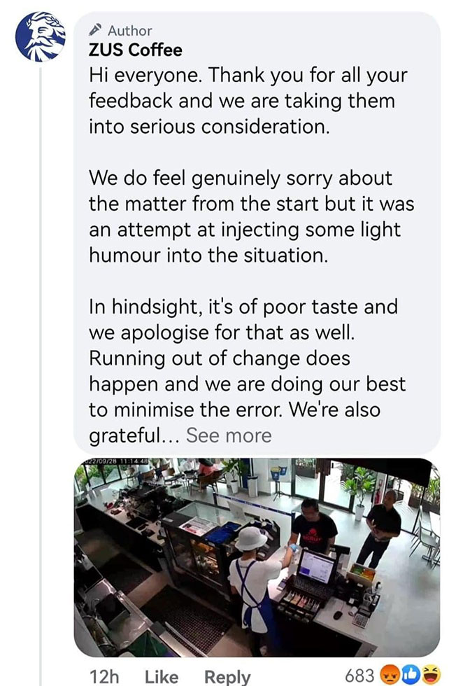 ZUS Coffee推出75仙折扣卷的作法引起反弹后，在贴文留言处再次道歉，并澄清指原意是想以轻松幽默的方式应对，但是事后发现该处理方式欠妥。（取自ZUS Coffee FB）
