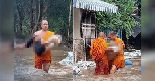 水淹村庄 救护车进不了 僧人抱老人遗体涉水移送