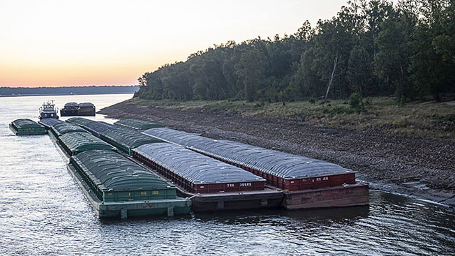 密西西比州维克斯堡市附近的密西西比河道，驳船因水位太低无法航行。