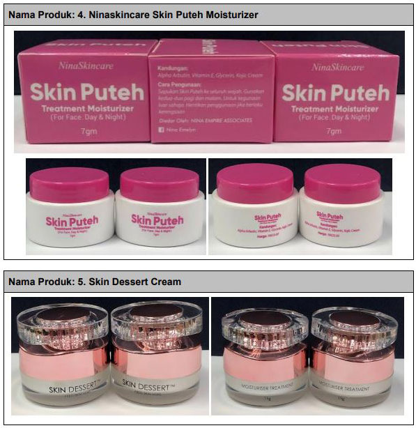 “Ninaskincare Skin Puteh Moisturizer”（上）及“Skin Dessert Cream”（下）含有水银有害成分，遭卫生部禁止销售。