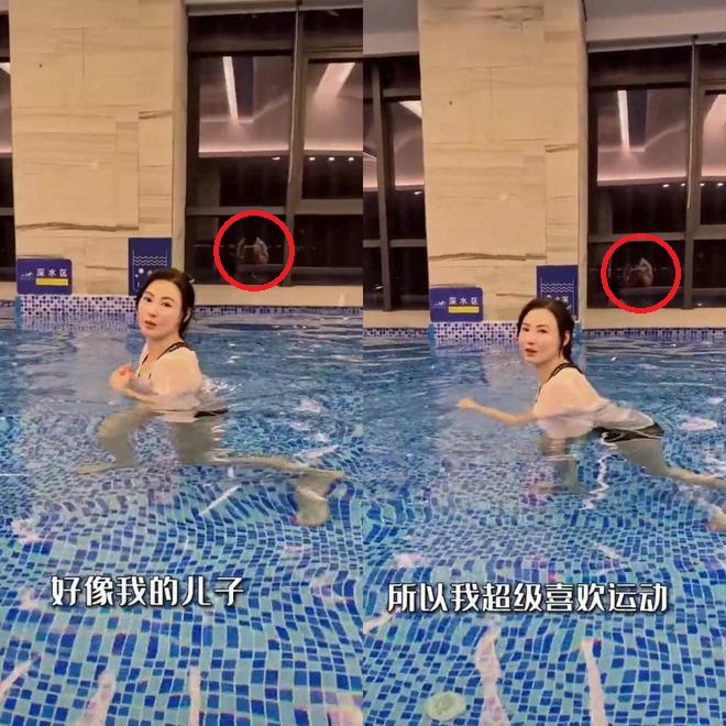 张柏芝晒出游泳影片，网友纷纷猜测透过镜子中可见的拍摄者是不是她的新欢。（图／翻摄自微博）