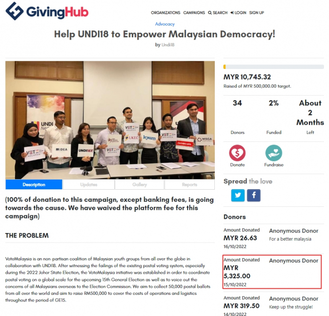 “Undi18”发起筹款活动推行带选票回国运动，目前最大数额捐款为一名匿名人士捐出的5325令吉。