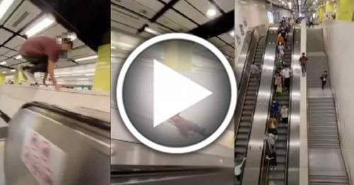 男子为拍视频玩命 地铁站滑3层楼高斜坡