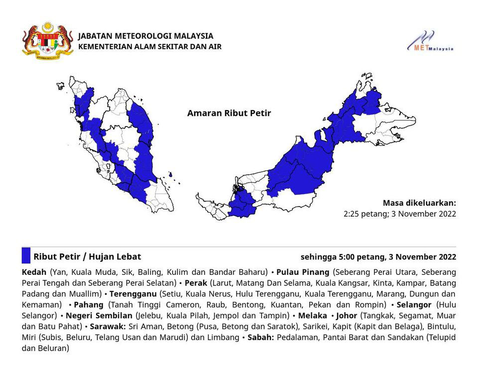 國內10州屬多個地區下雷雨、馬六甲，加帛（加帛和布拉甲）、民都魯、<p>（吉隆坡3日訊）氣象局發布雷雨警報，柏路魯、文冬、麻坡和峇株巴轄）。