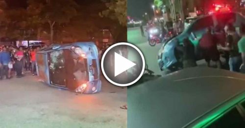 送餐员疑被闯红灯Myvi司机撞倒 大批同行围堵 将车推翻！