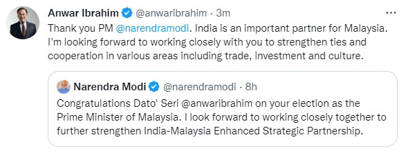 安华在推特回复莫迪，并透露大马期待与印度有更进一步的合作。