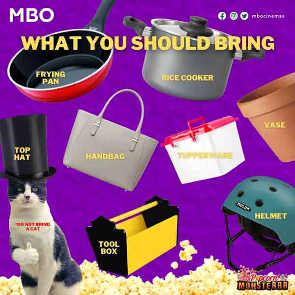 MBO戏院建议带上塑料箱、手提袋、平底锅、电饭锅、头盔、工具箱及大礼帽，前来领取免费爆米花。