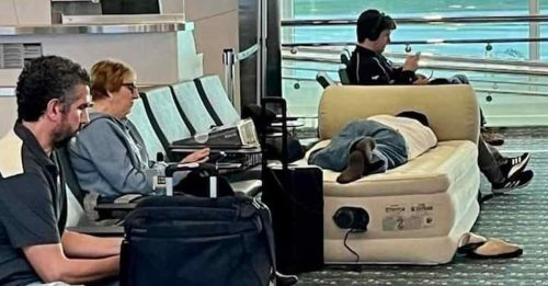 男子机场候机室感倦意  竟自备充气床垫睡觉