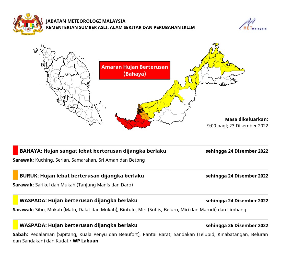 气象局对砂拉越古晋、西连、三马拉汉、斯里阿曼和木中发布红色（危险）豪雨警报。