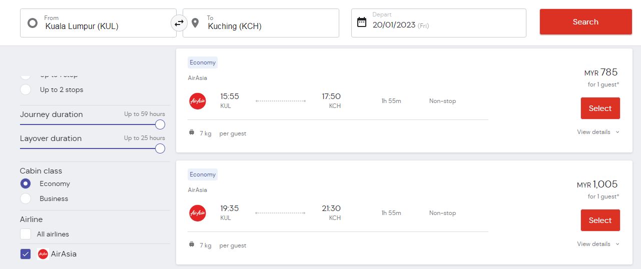 除夕日前夕，亚航从吉隆坡飞回古晋最高票价可达1005令吉。