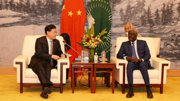 秦刚（左）与埃塞俄比亚总理阿比会面。（ 新华社）