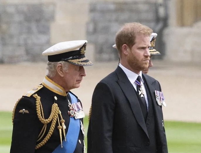 去年英女王送葬仪式，查理斯（左）和哈里同行。