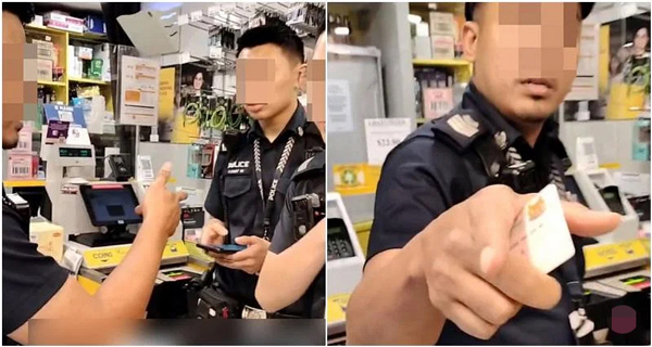 （左图）三名警员到场调查，店员在过程中拍视频放上网。（右图）店员最终交出身分证给警察。（视频截图）
