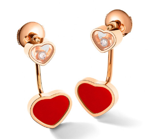 Chopard Happy Hearts 18K玫瑰金耳环，珊瑚石、钻石。