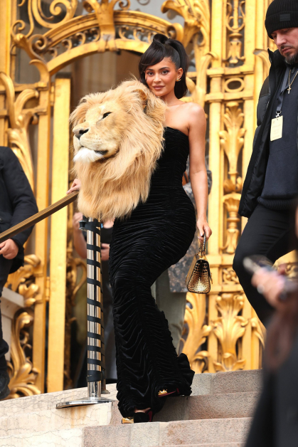 Kendall Jenner这款黑色天鹅绒连衣裙，饰有褶皱材质，在裙子前面添加了一个巨大狮子头，虽然是塑料制作，但看起来还是较真实。她用一双黑色和金色天鹅绒高跟鞋，华丽展示了“美女与野兽”的灵感造型。