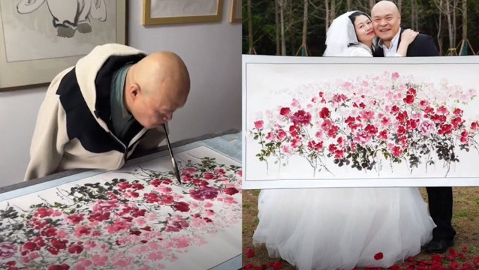 左图为黄国富绘99朵玫瑰；右图为黄国富夫妻俩同框拍照，并将所画的玫瑰花画作放在正中间。