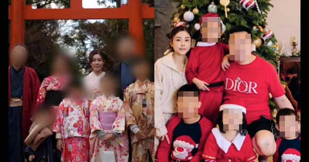右图为蔡天凤和丈夫Chris以及4名子女的合照；左图为蔡天凤和谭家共一行10人到日本旅行。