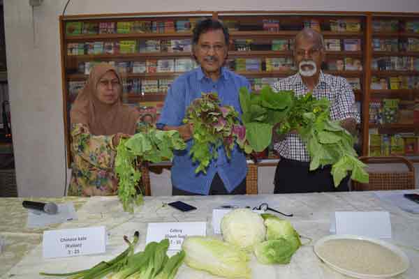 槟消协揭露，市场上卖的蔬菜和白米，检测到大量的农药。左起为研究员哈蒂嘉、莫希丁阿都卡迪及成员再也巴兰。