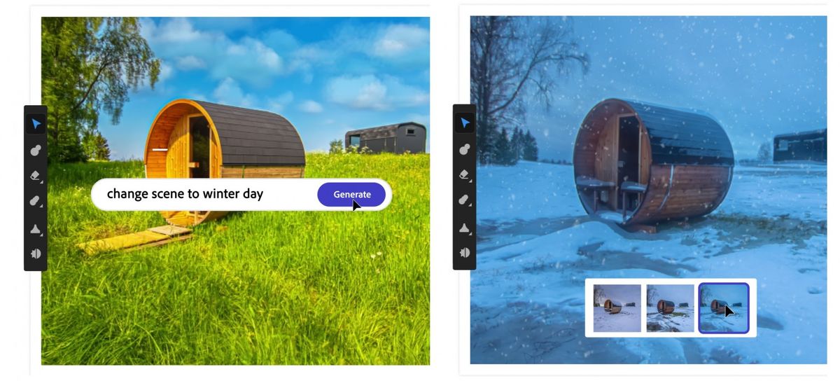 ▲Adobe Firefly功能展示，可以用自然语言请系统帮你“把画面改成冬天”。