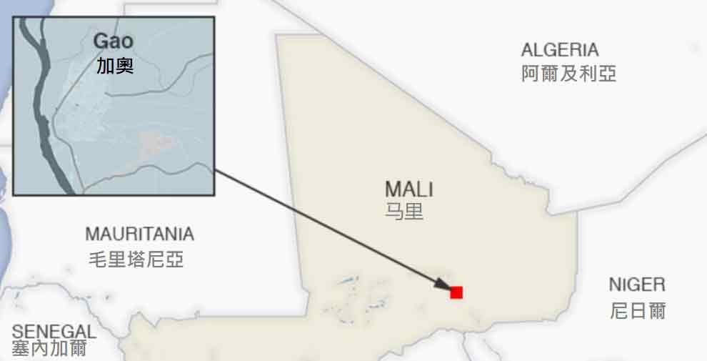 马里地理位置图。