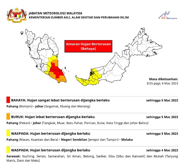 氣象局對半島多地及砂拉越發出紅色、橙色及黃色暴雨警報。