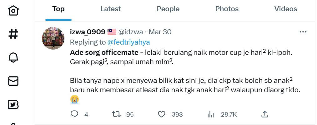网民izwa_0909日前在推特分享道，其同事每日怡保往返吉隆坡上班，来回需花上5小时。