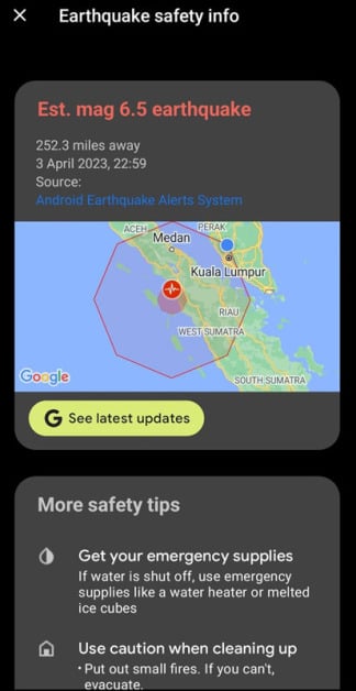 大马安卓手机用户接获地震示警通知。（截图取自面子书）