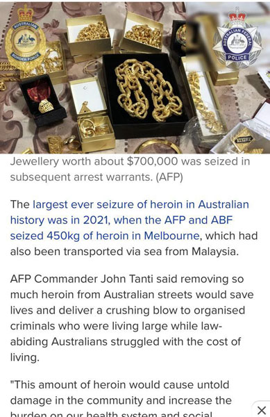 警方在行动中也起获价值70万澳元（约207万3105令吉）的珠宝。