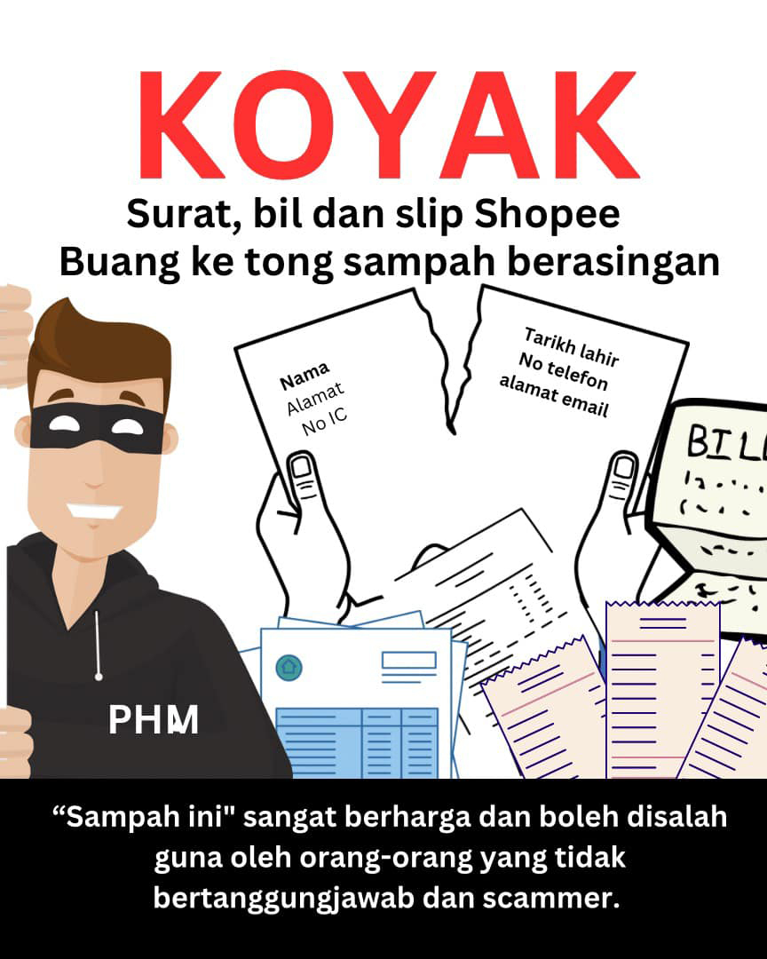 民众在丢弃信函和账单前需先将其撕毁，以免个人资料遭盗用。（图取自Public Health Malaysia面子书）