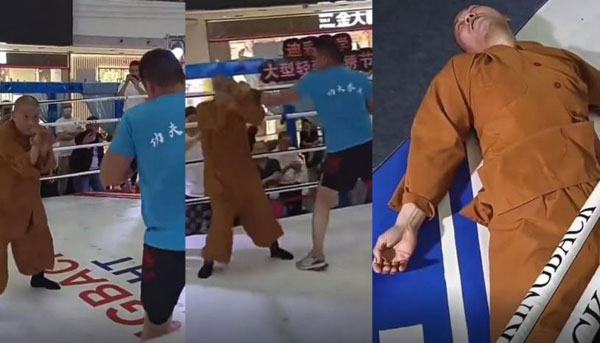 释永军在“功夫拳王争霸赛”中，被业余拳击手阿俊打倒。