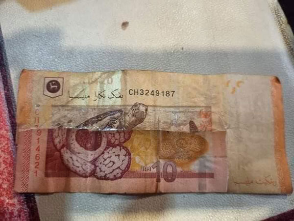 10令吉纸钞的莱佛士花，被黏在20令吉纸钞的后面，上下编号不一样。