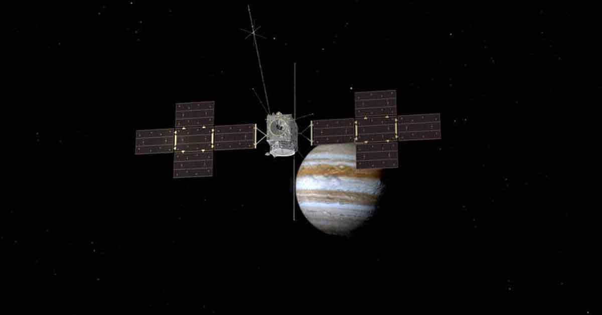 欧洲太空总署木星冰月探测器（JUICE）探测木星模拟图。