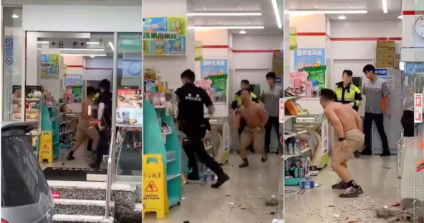 桃园市中坜区一名肌肉壮汉，在超商内对警员挥拳闹事。