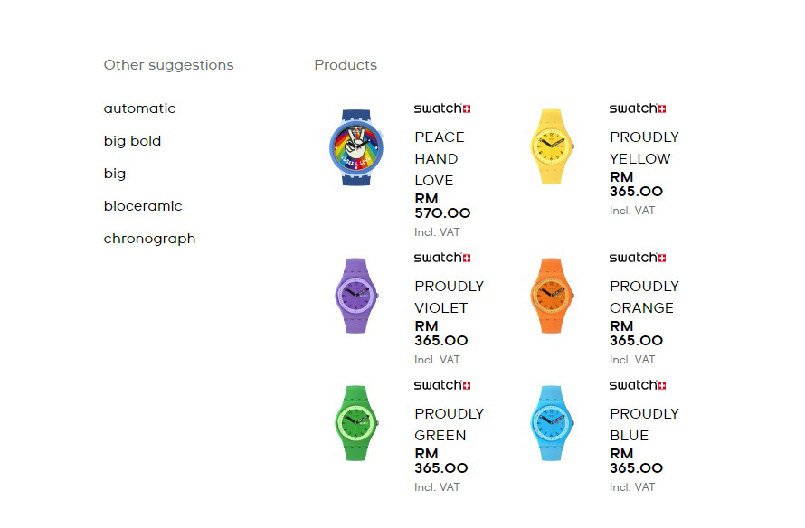 在大马斯沃琪官网输入“Pride”字眼时,出现此系列5种颜色,即紫色、黄色、橙色、绿色、蓝色的手表,以及一款“PEACE HAND LOVE”手表供选择。(网络截图)