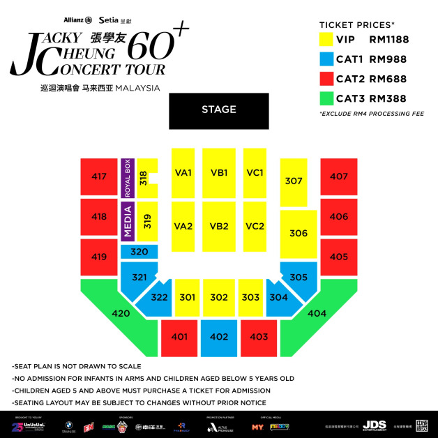 《张学友60+巡回演唱会》马来西亚站座位图，988及1188令吉都被分布到“山顶位”。