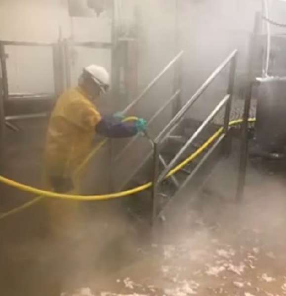 明尼苏达州沃辛顿的JBS工厂内，童工在能见度有限的环境下清洁设备。


