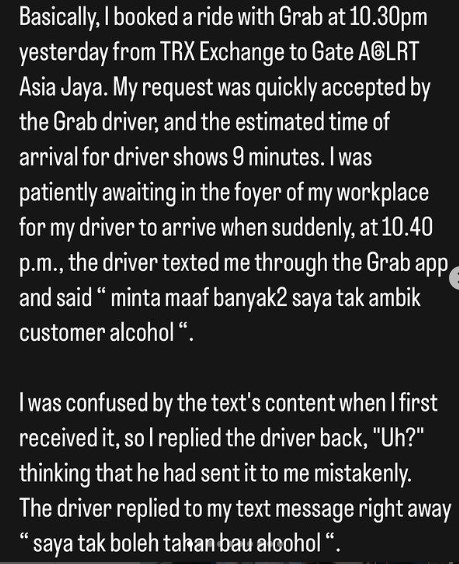 一名女子在社交媒体申诉遭Grab司机拒载的过程，并指该名司机相信是因为她的肤色而拒载。