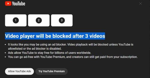 YouTube封锁Ad Blocker 被封者只限看3段影片