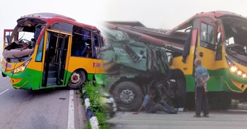 巴士遭猛撞 断两节 4人受伤 1男童身亡