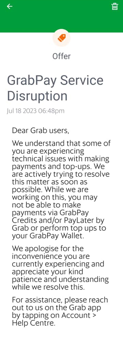 GrabPay故障 无法充值 用户付款不成却被扣余额