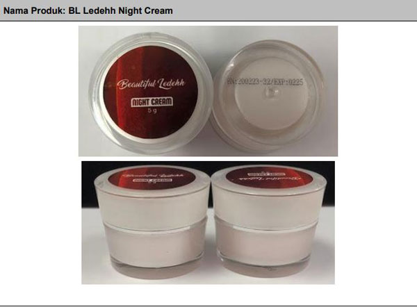 卫生部通报含有水银成分的“BL Ledehh Night Cream”。