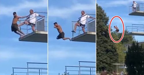 男子登10公尺跳台不敢跳 救生员直接踹他下泳池