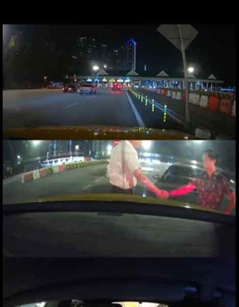 双方一番交流后，超跑司机原谅肇祸司机的行为，两人握手和解。