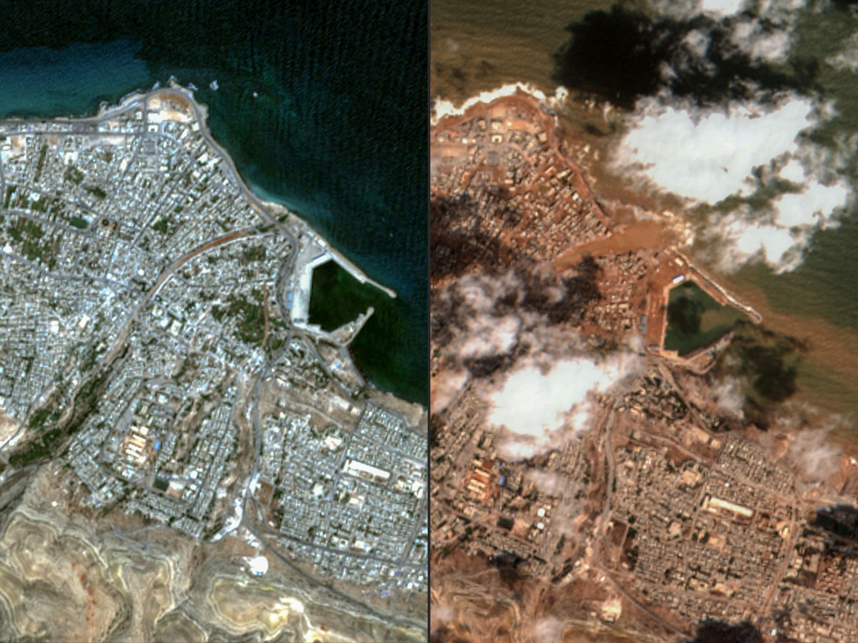 迈萨科技卫星图像显示，德尔纳本月9日（左）山洪前和本月12日山洪后的情况。（法新社）