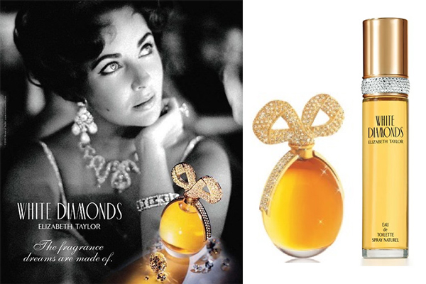 伊莉莎伯泰莱生前曾推出3款女香，这款Elizabeth Taylor White Diamonds广告上的蝴蝶结瓶盖香氛已绝版，现在可买到是右图的长瓶香水。